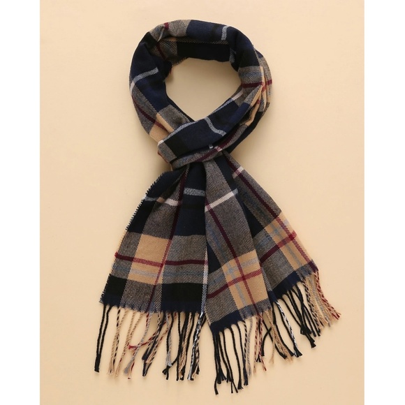 Colorblock Plaid Knit Wide Scarf Tassel Fringe Detail Tan Blue Black - Picture 2 of 3